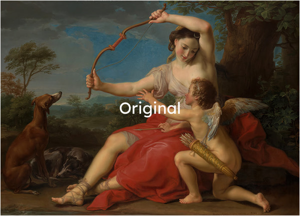 A classical painting of Diana and Cupid in its original, almost-square shape.