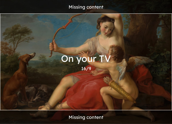 The painting with dark bands top and bottom marking the parts cut off by a 16:9 screen.