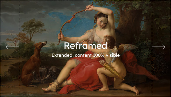 The painting filling a 16:9 screen, with dashed lines and arrows marking where it was extended outwards beyond the edges of the original.