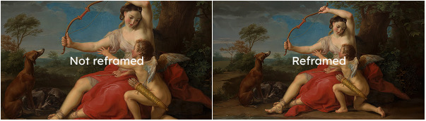 The original painting and the reframed version side by side, labelled Not reframed and Reframed, showing the extra scenery added at the left and right.